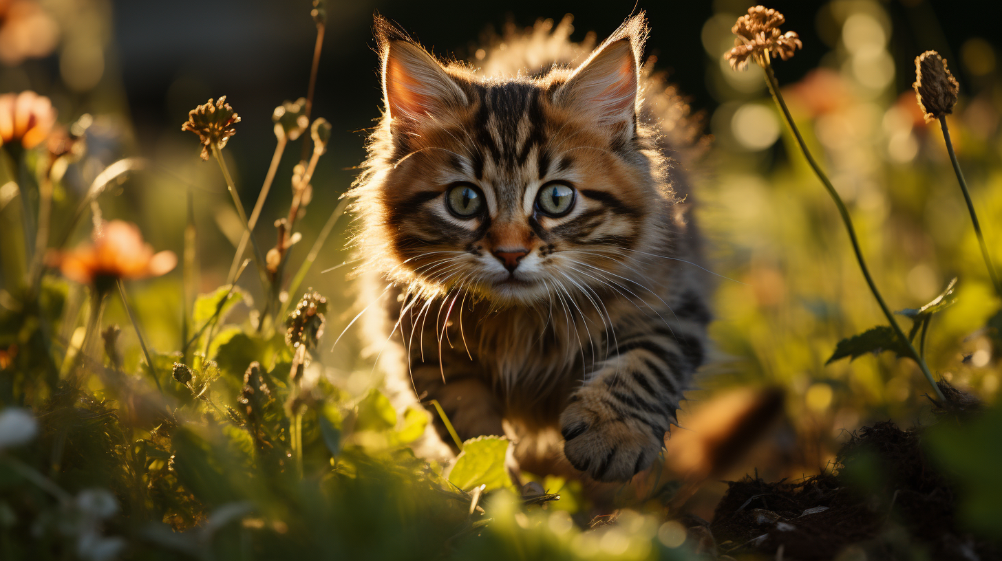 Adorable baby cat playing in morning grass