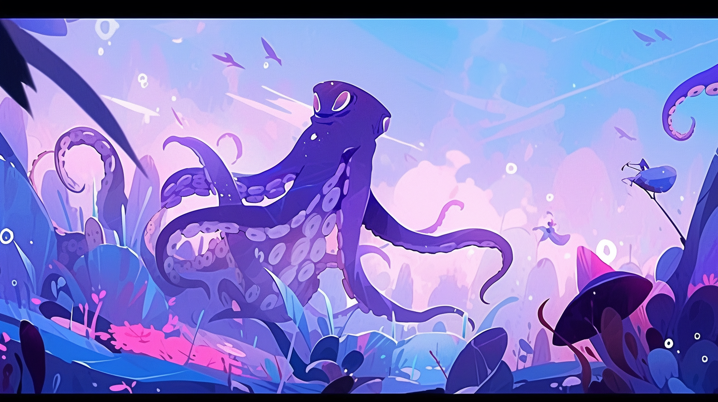 Colorful underwater scene with joyful octopus