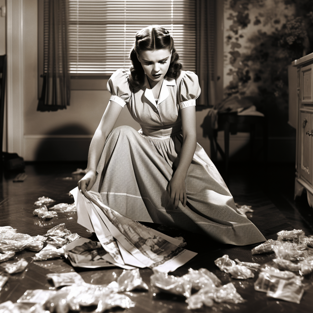 Judy Garland cleaning the floor