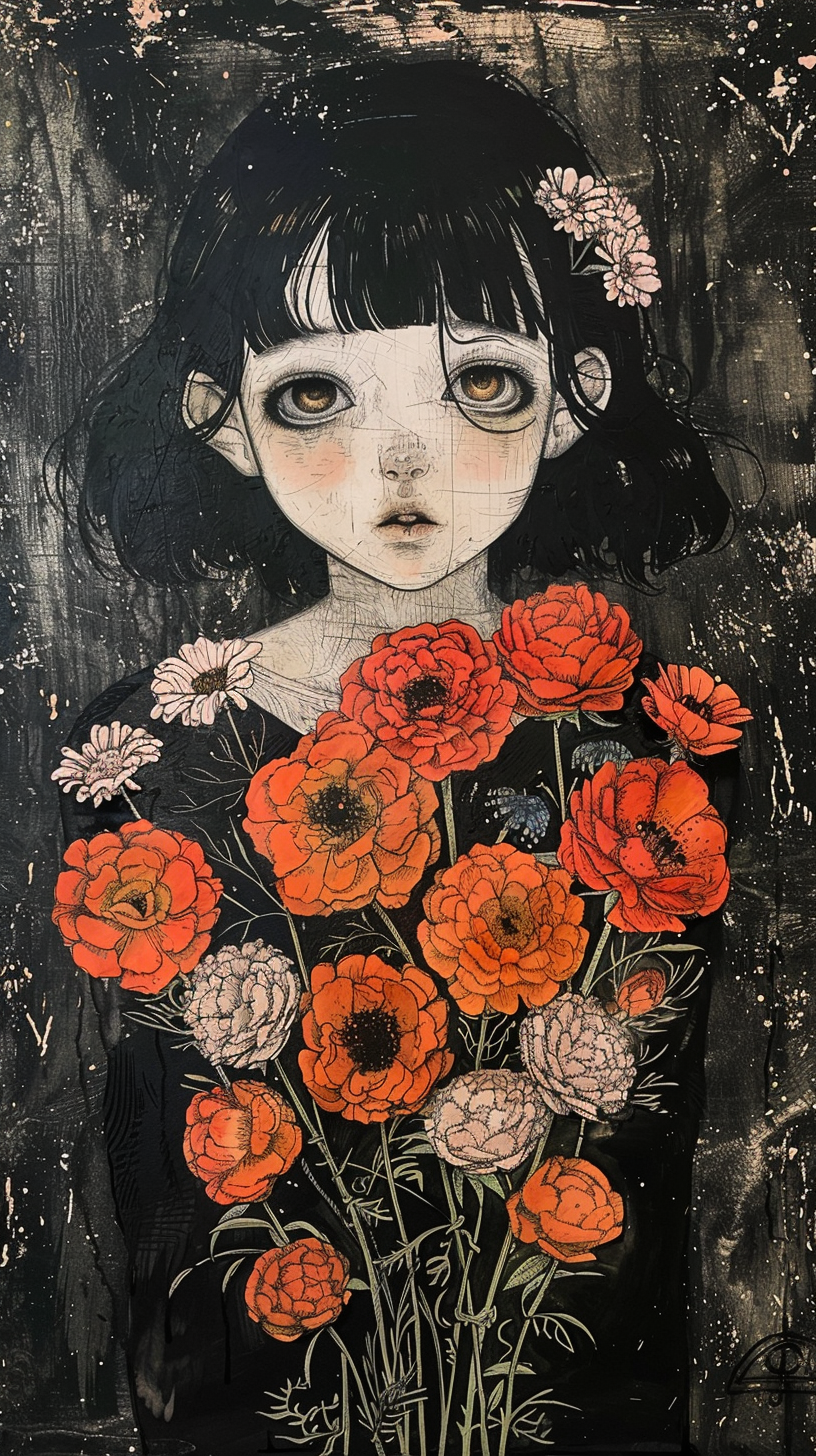 Junji Ito manga inspired girl with flowers