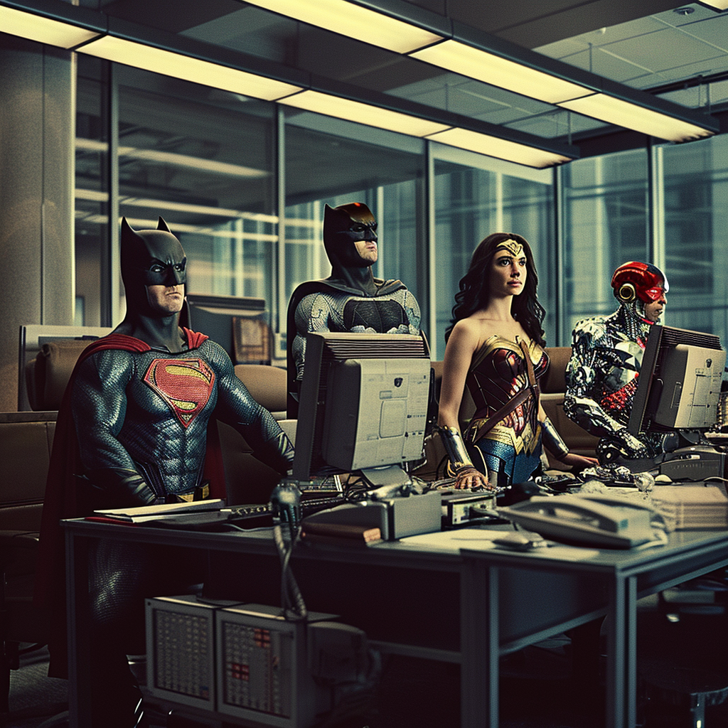 Justice League Superheroes in Modern Office Stopping Cyberattack