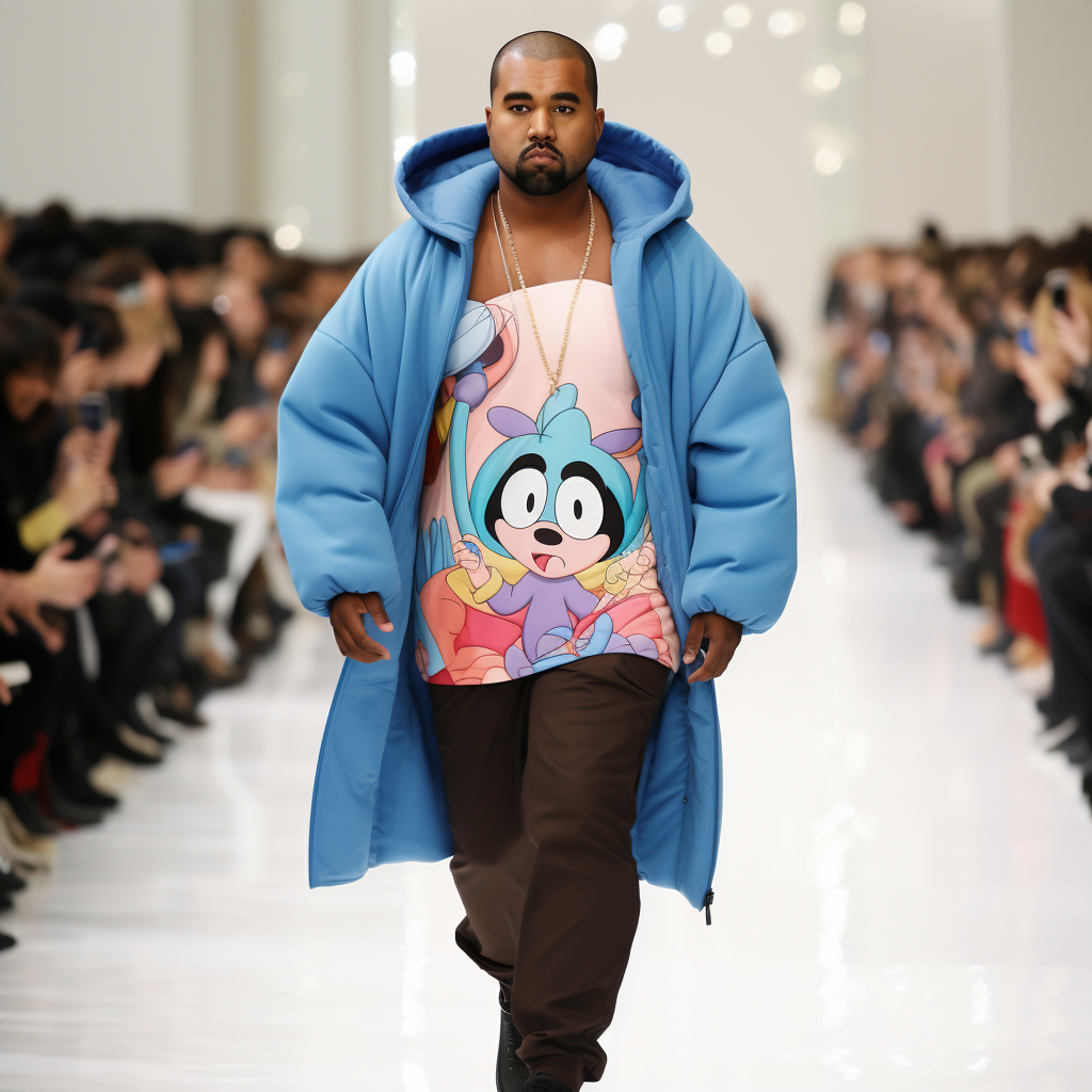 Kanye wearing Doraemon on the catwalk