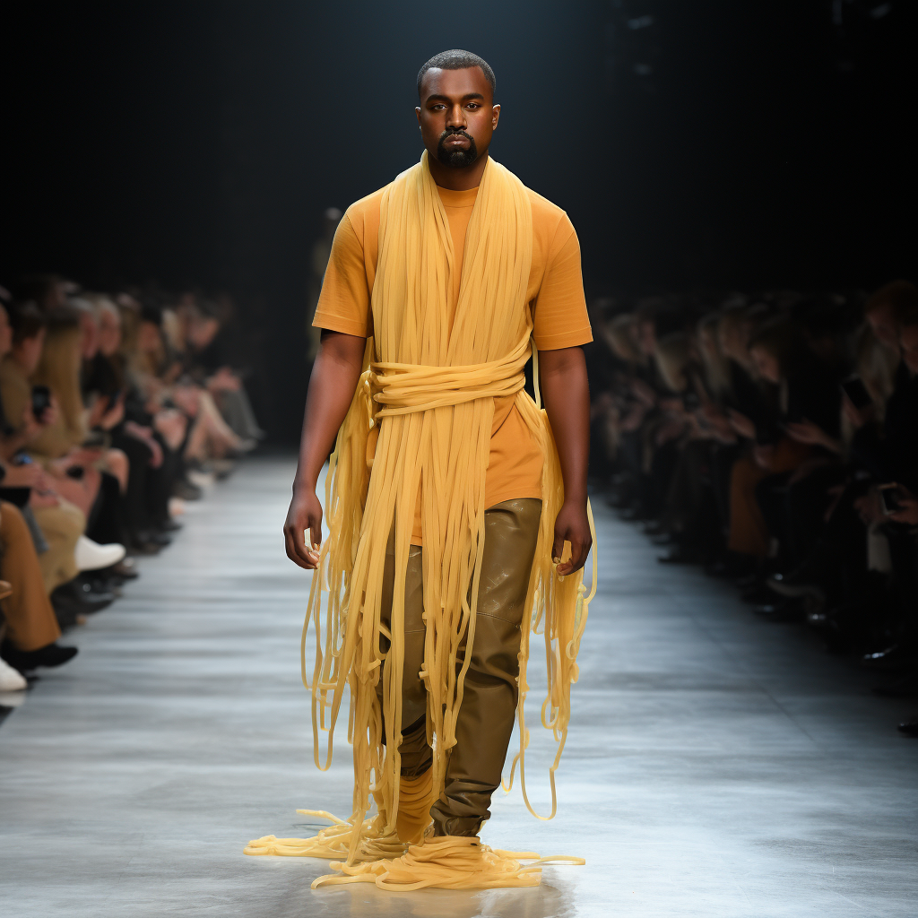 Kanye wearing pasta at fashion show