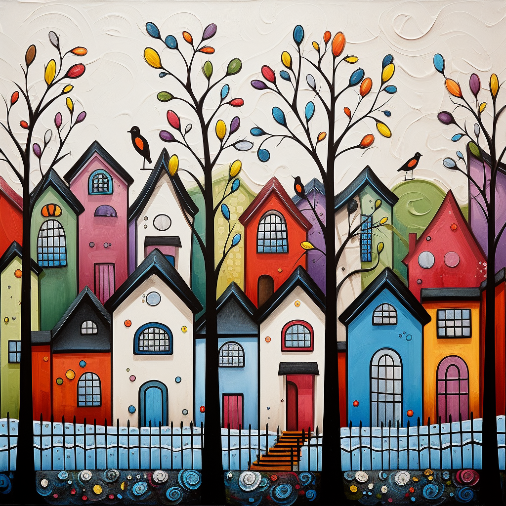 Colorful Karla Gerard painting of houses, trees, fence, blackbird