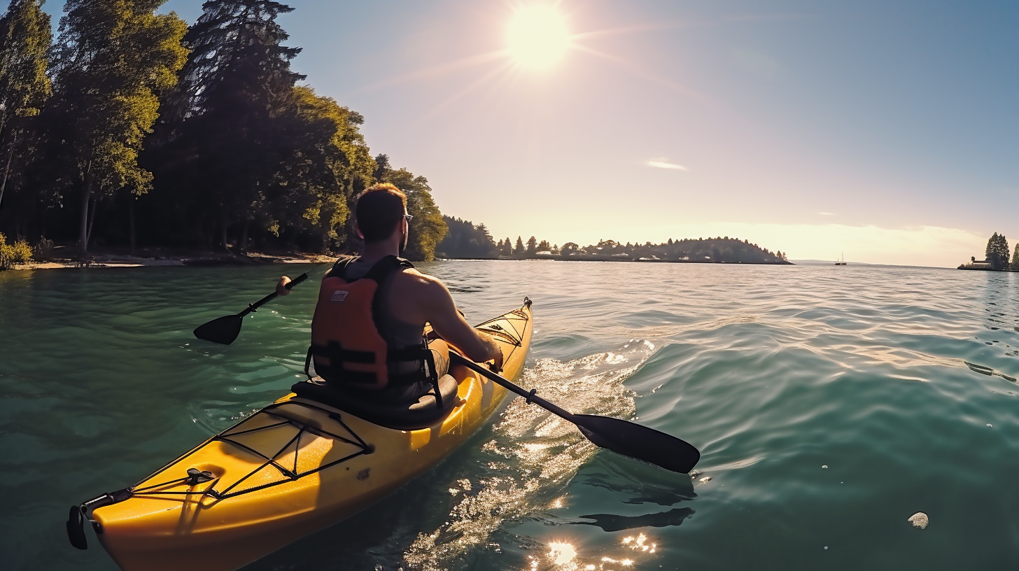 Two male friends kayaking in a scenic lake