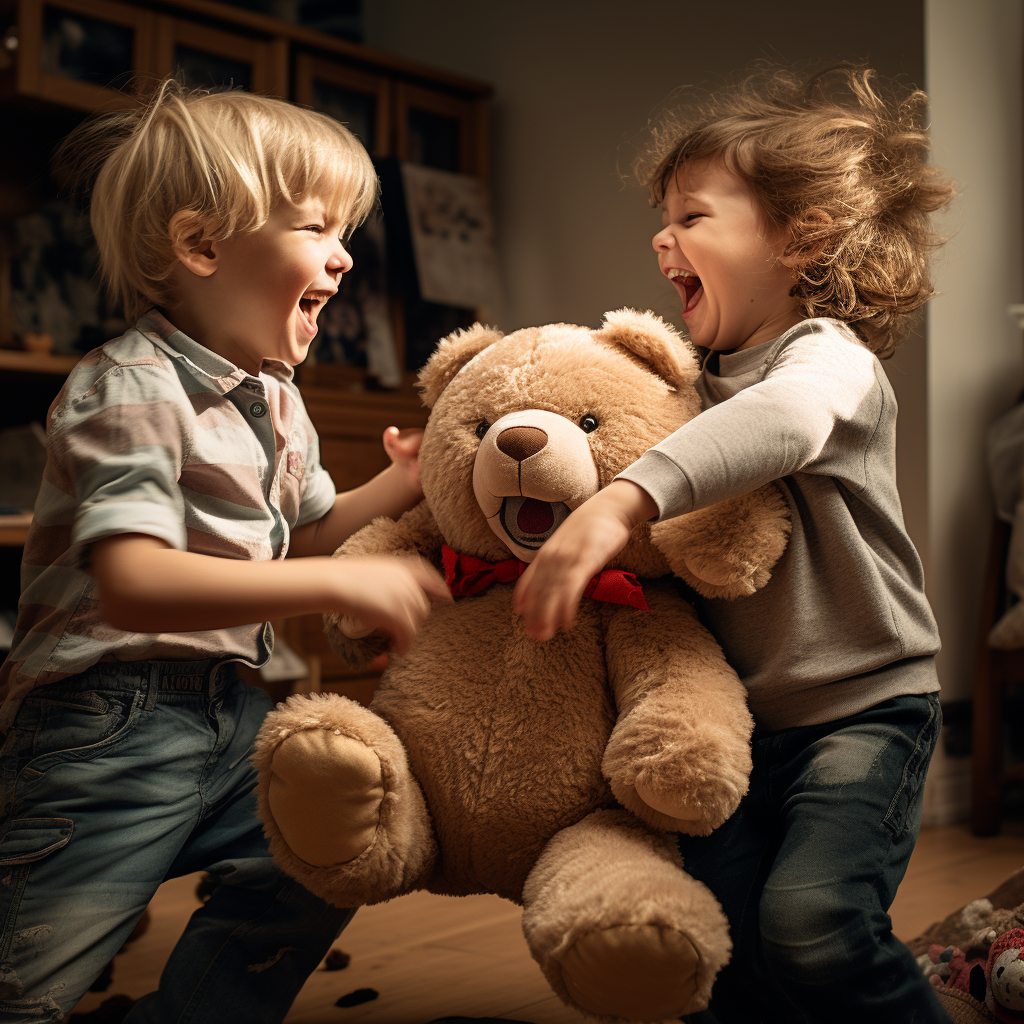 Two kids fighting over a teddy bear