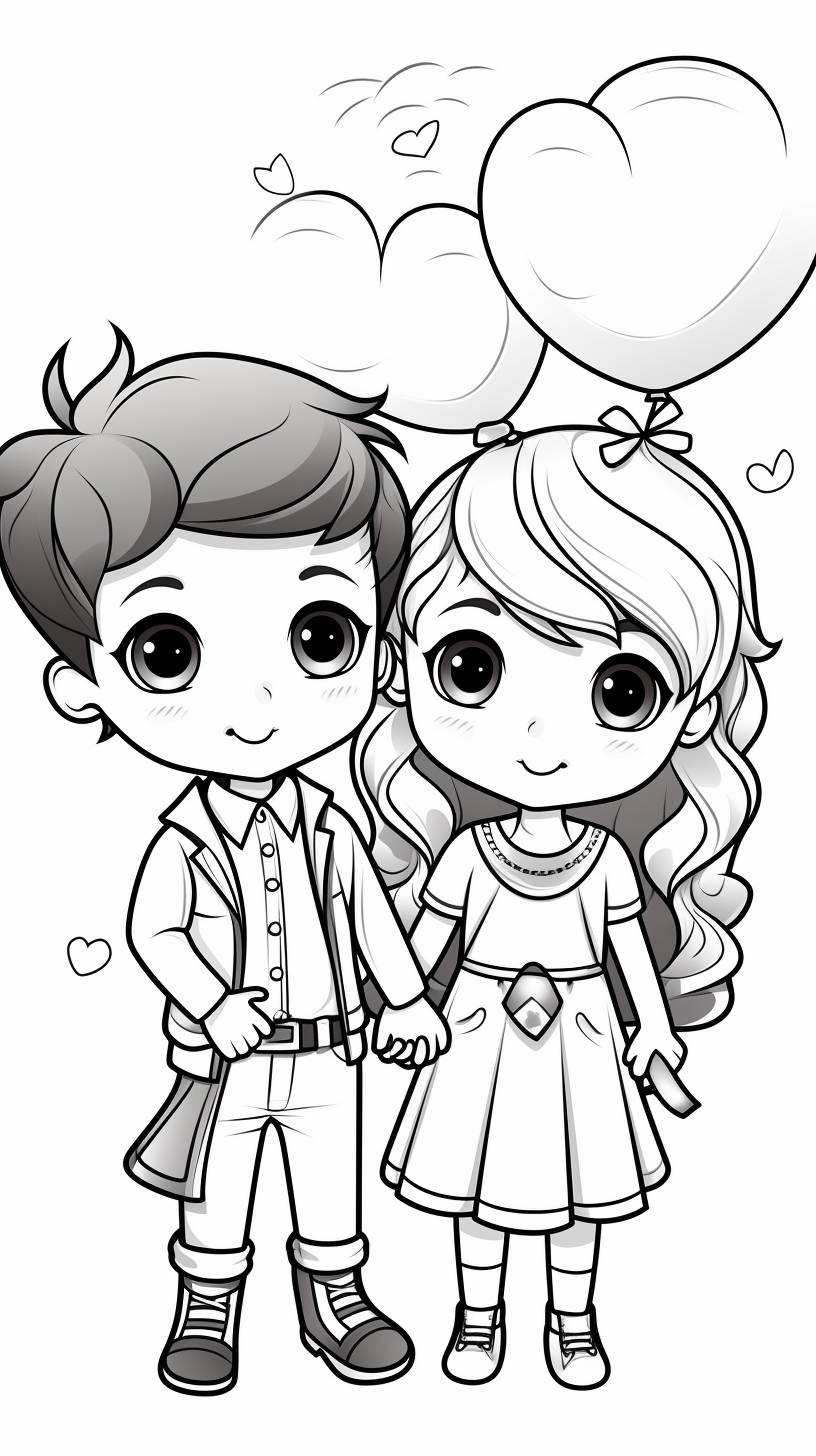 Cute kids with hearts coloring page