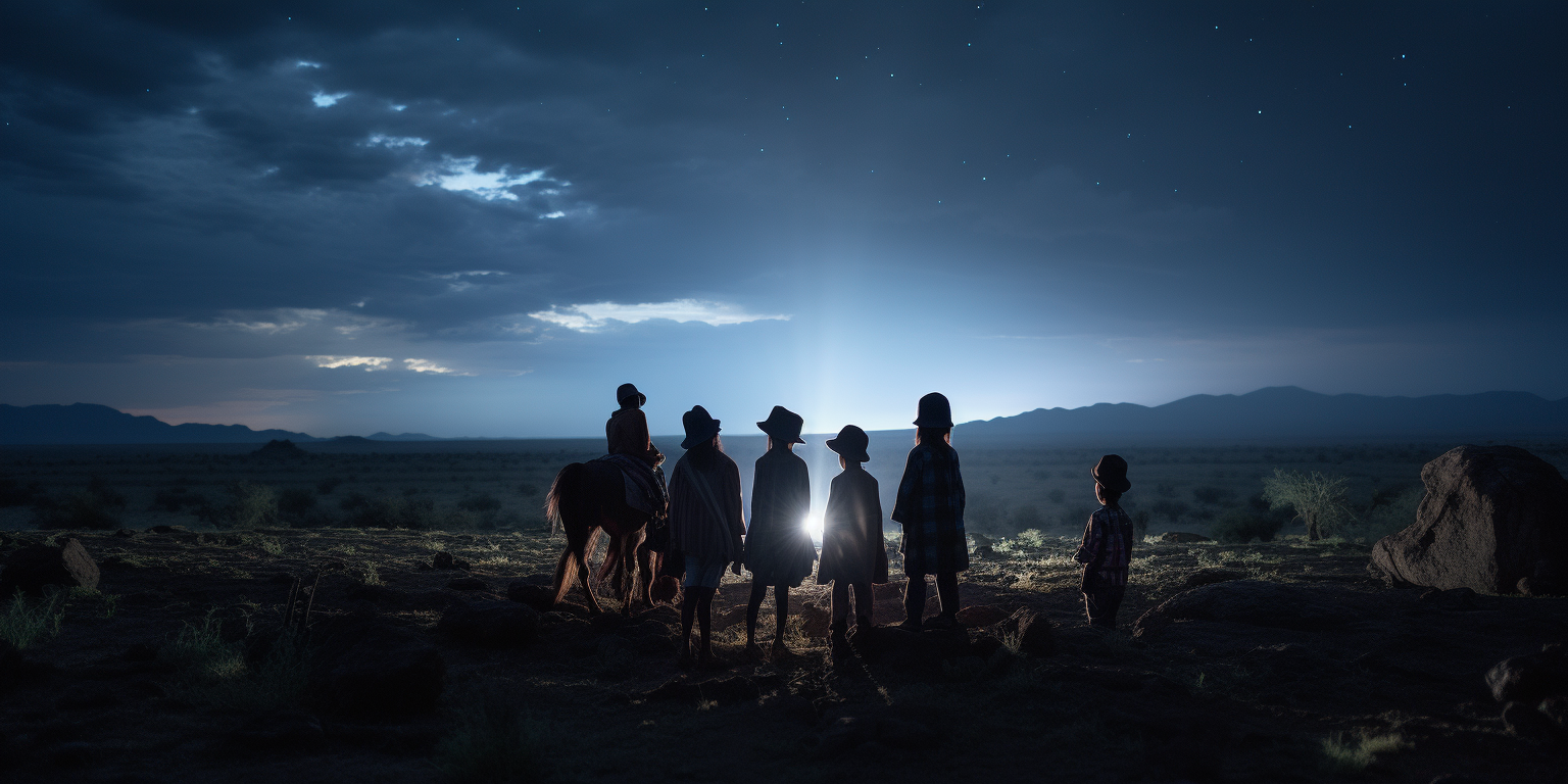 Children observing beam of light in dark landscape