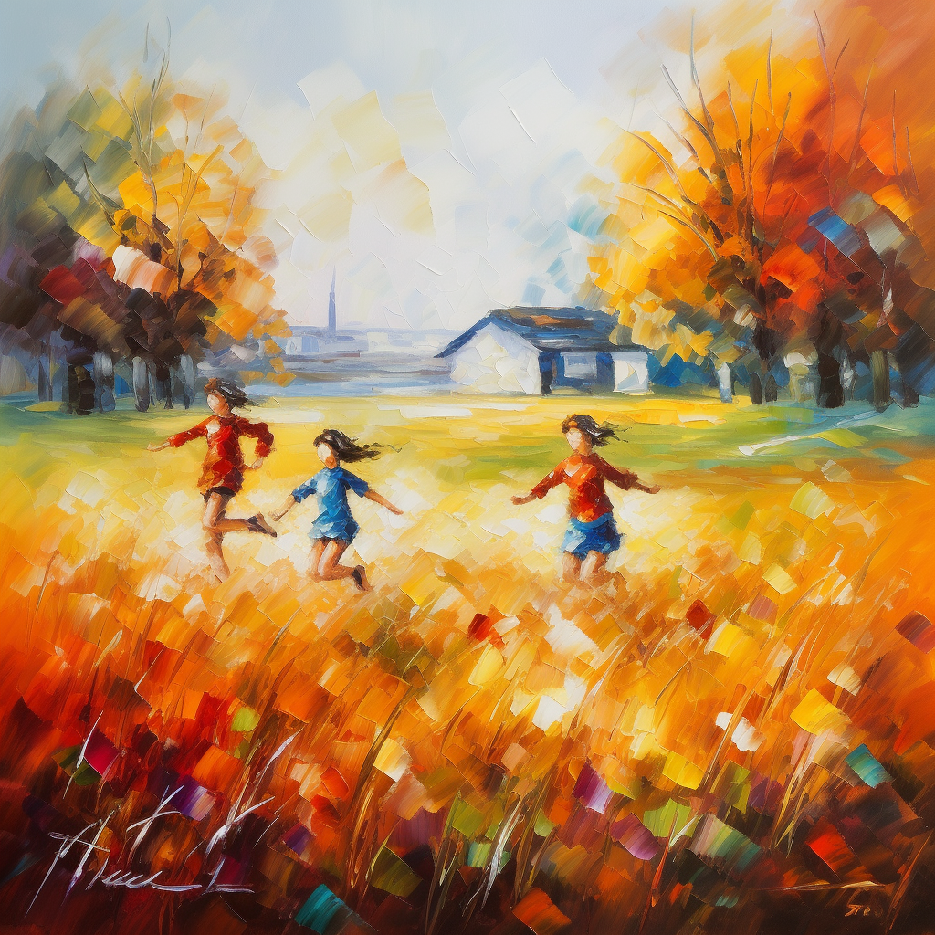 Kids running in field painting