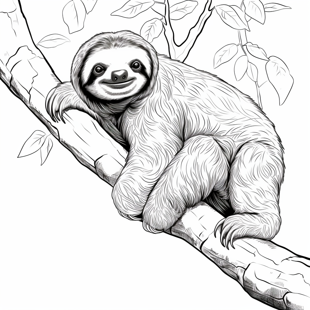 Cute sloth on a tree coloring page