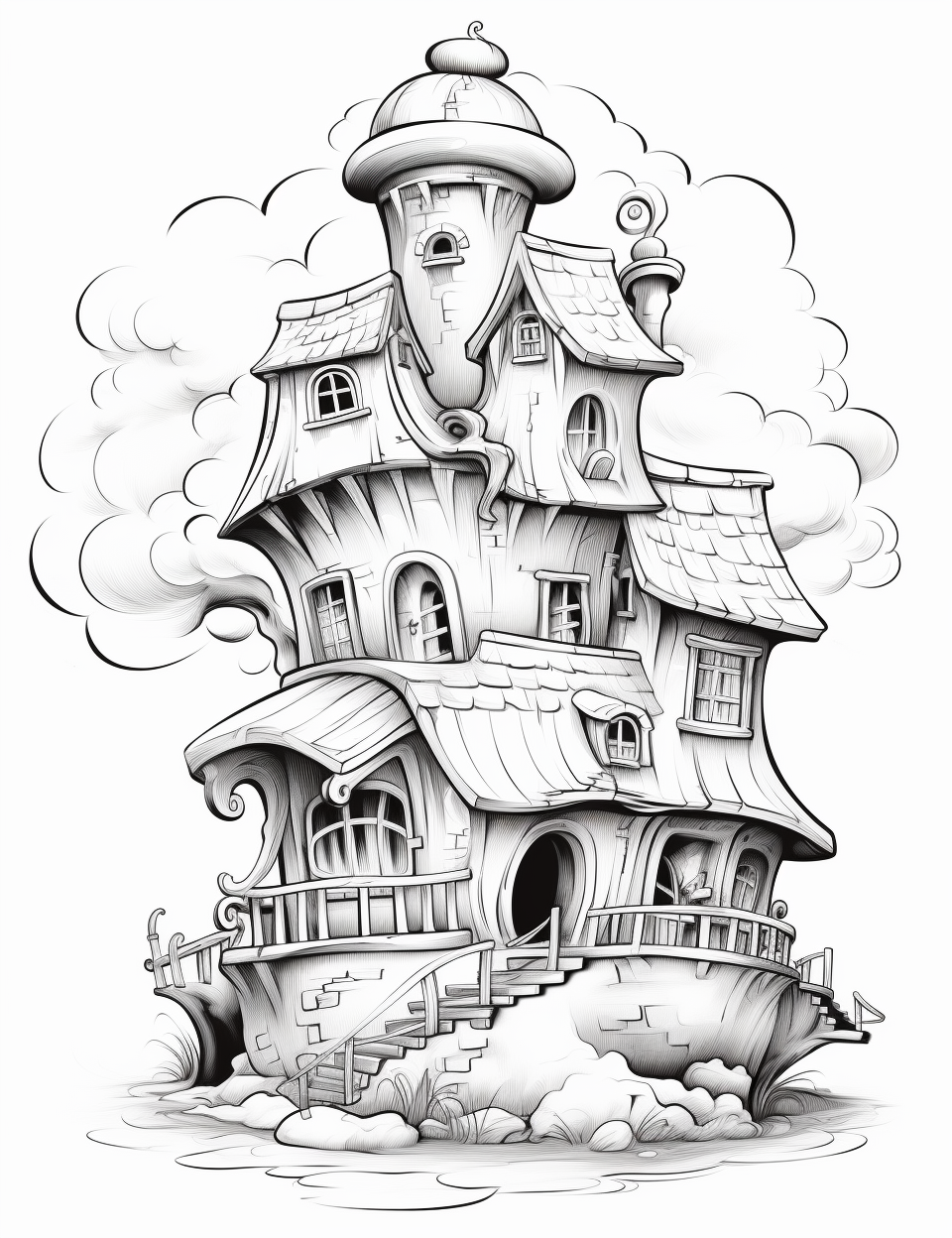 Cute Kids' House on Cloud Coloring Page