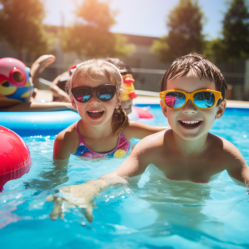 Kids enjoying summer in a swimming pool.