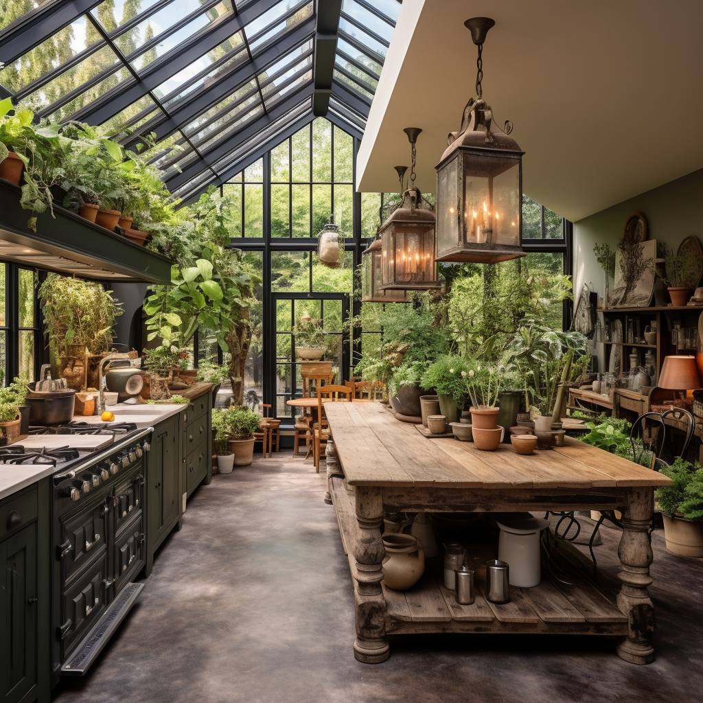 Industrial Kitchen Island in Conservatory