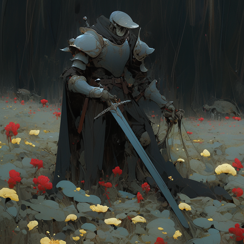 Knight with Broken Armor in Flower Field