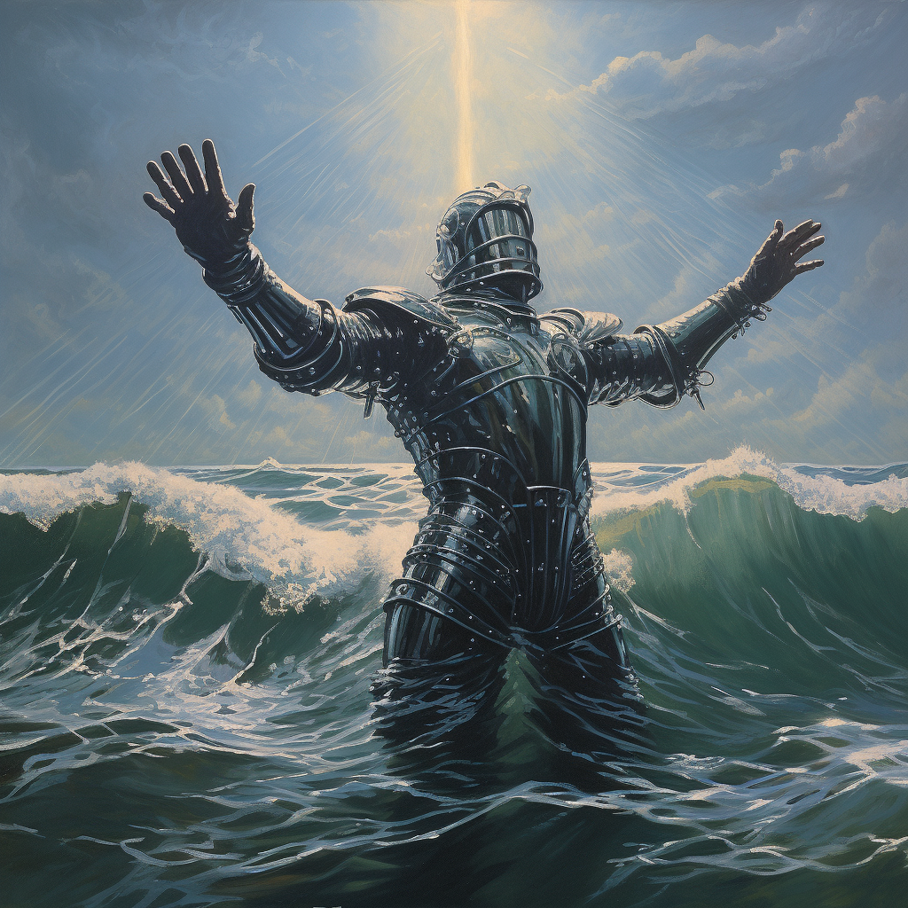 Surrealist knight drowning in ocean