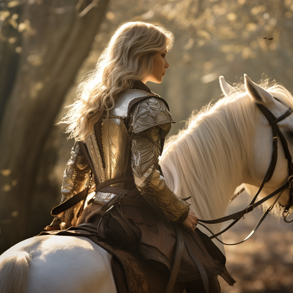 Knight girl in armor on white horse