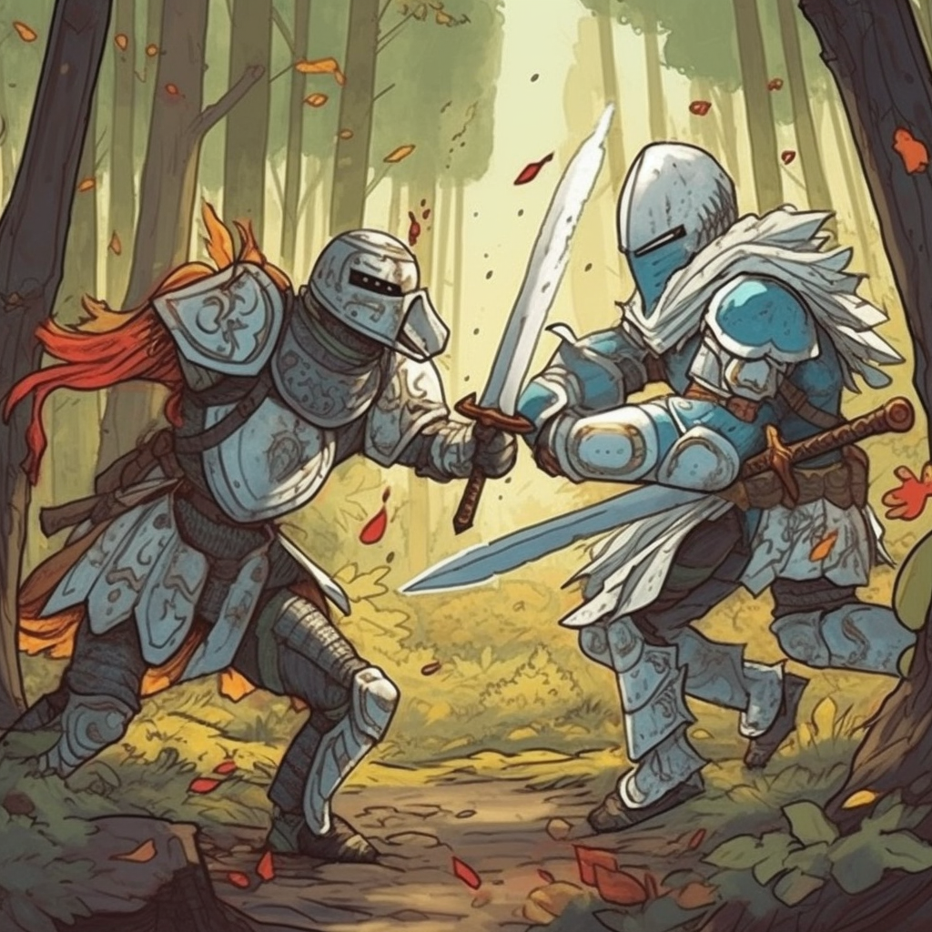 Knights in Ghibli-style fighting scene