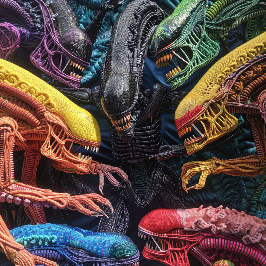 Colorful knitted alien movie scene