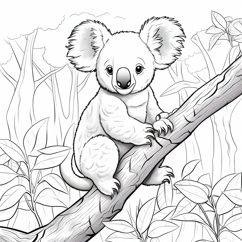 Cartoon Koala on Tree Coloring Page