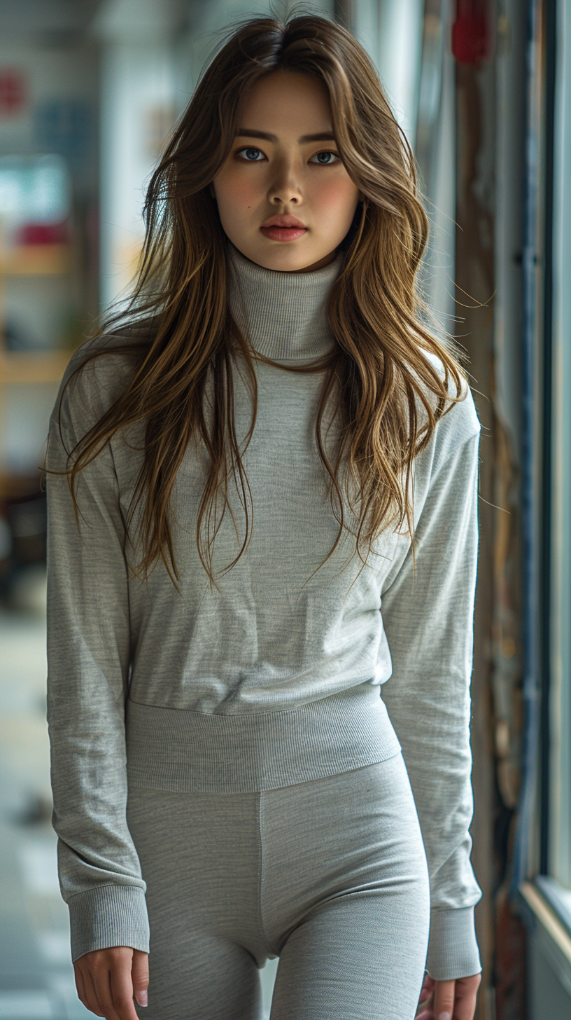 Young woman in gray tights