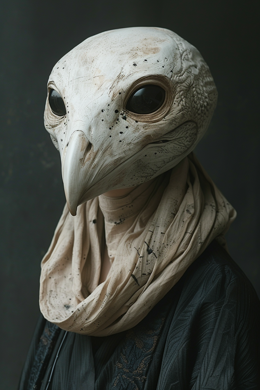 Korean woman with white bird skull mask