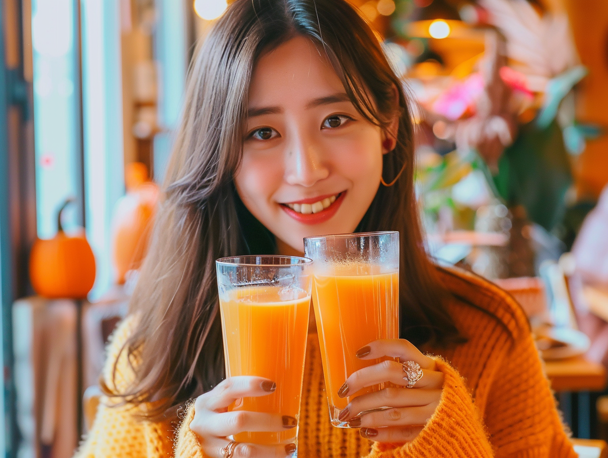 Korean woman with pumpkin juice glasses