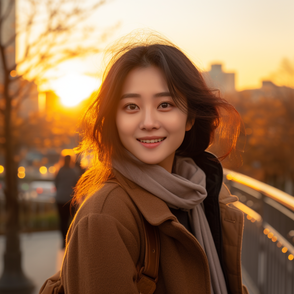 Smiling Korean woman on pedestrian bridge at sunset