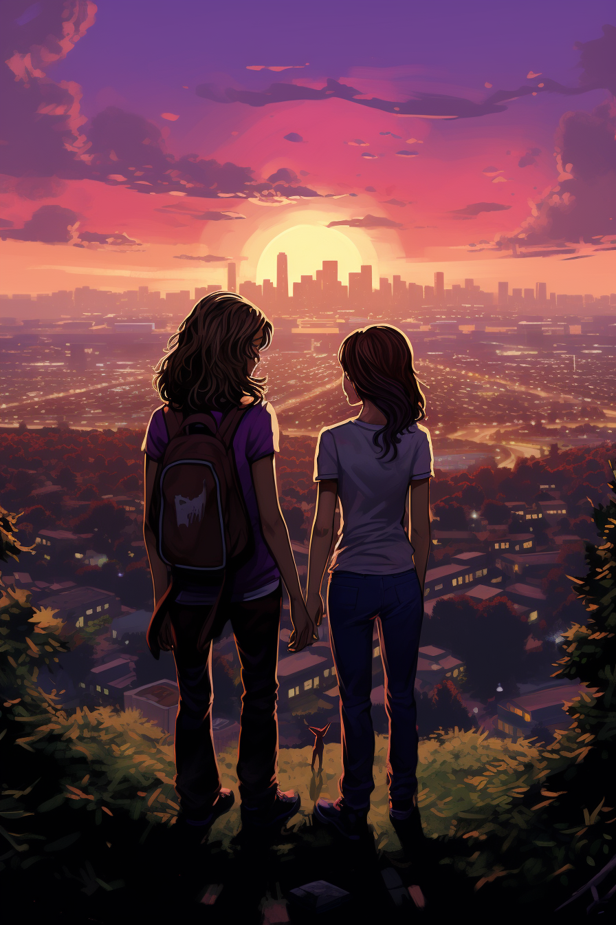 Two teens admiring distant L.A. skyline