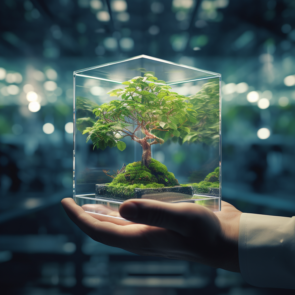 Glass cube with small tree in lab