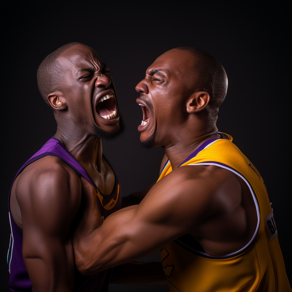 Muscular black men in Lakers jerseys fighting