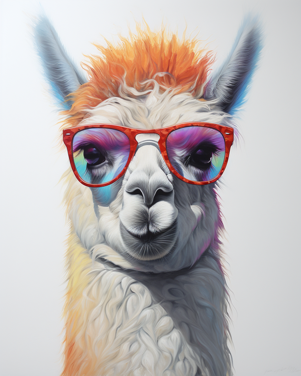 Surrealistic painting of a lama with sunglasses