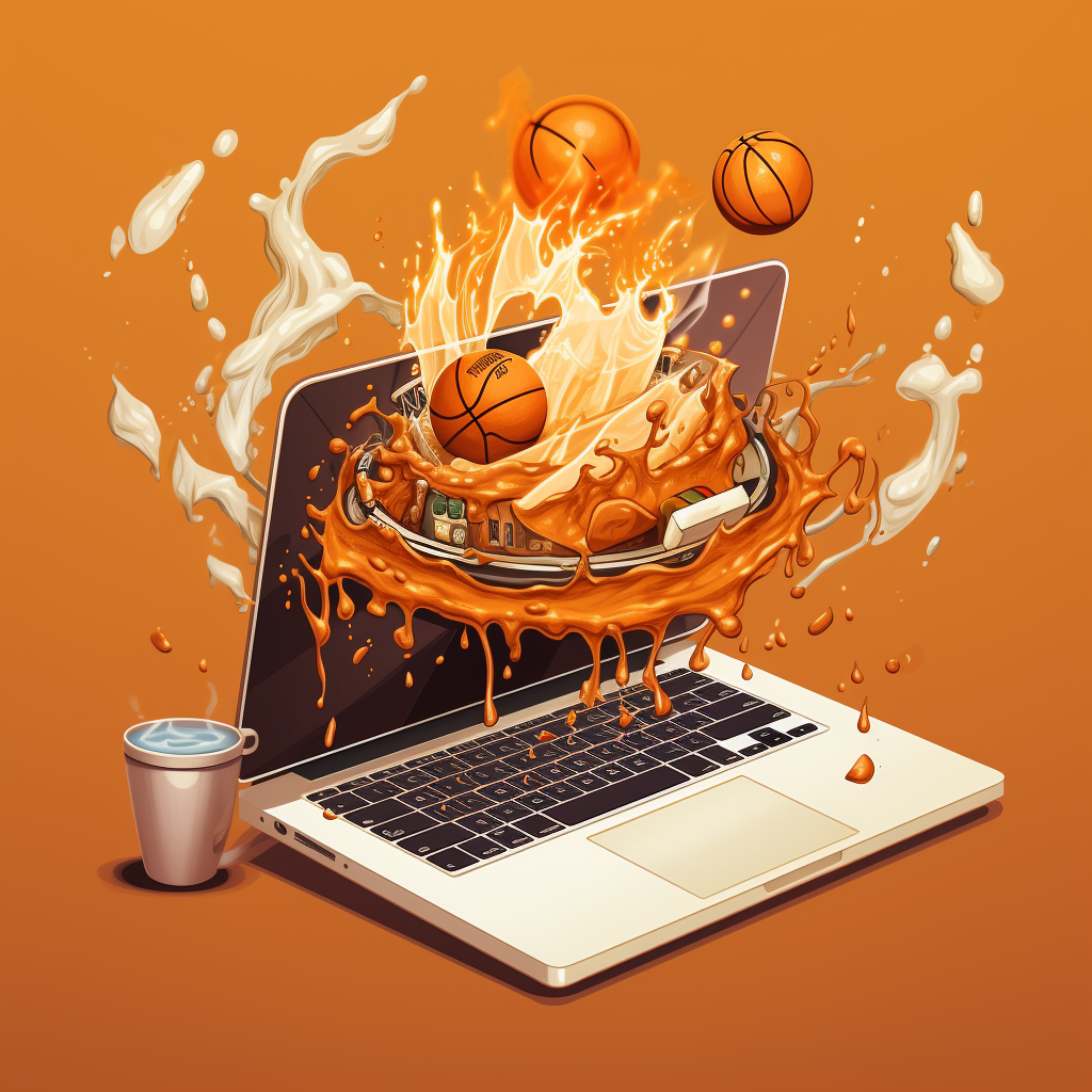 Cartoonish laptop with coffee, basketball, and iPhone