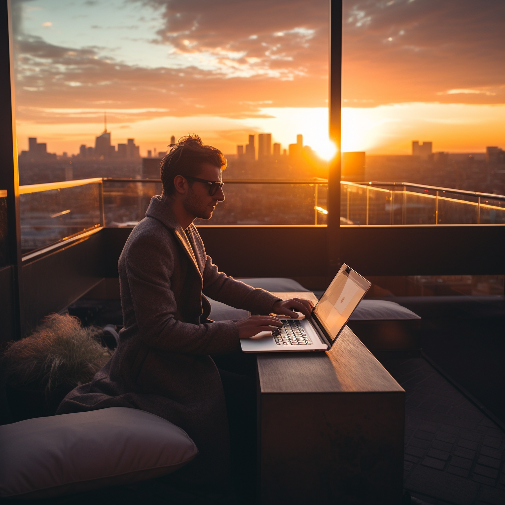 Laptop trader enjoying a beautiful sunset view