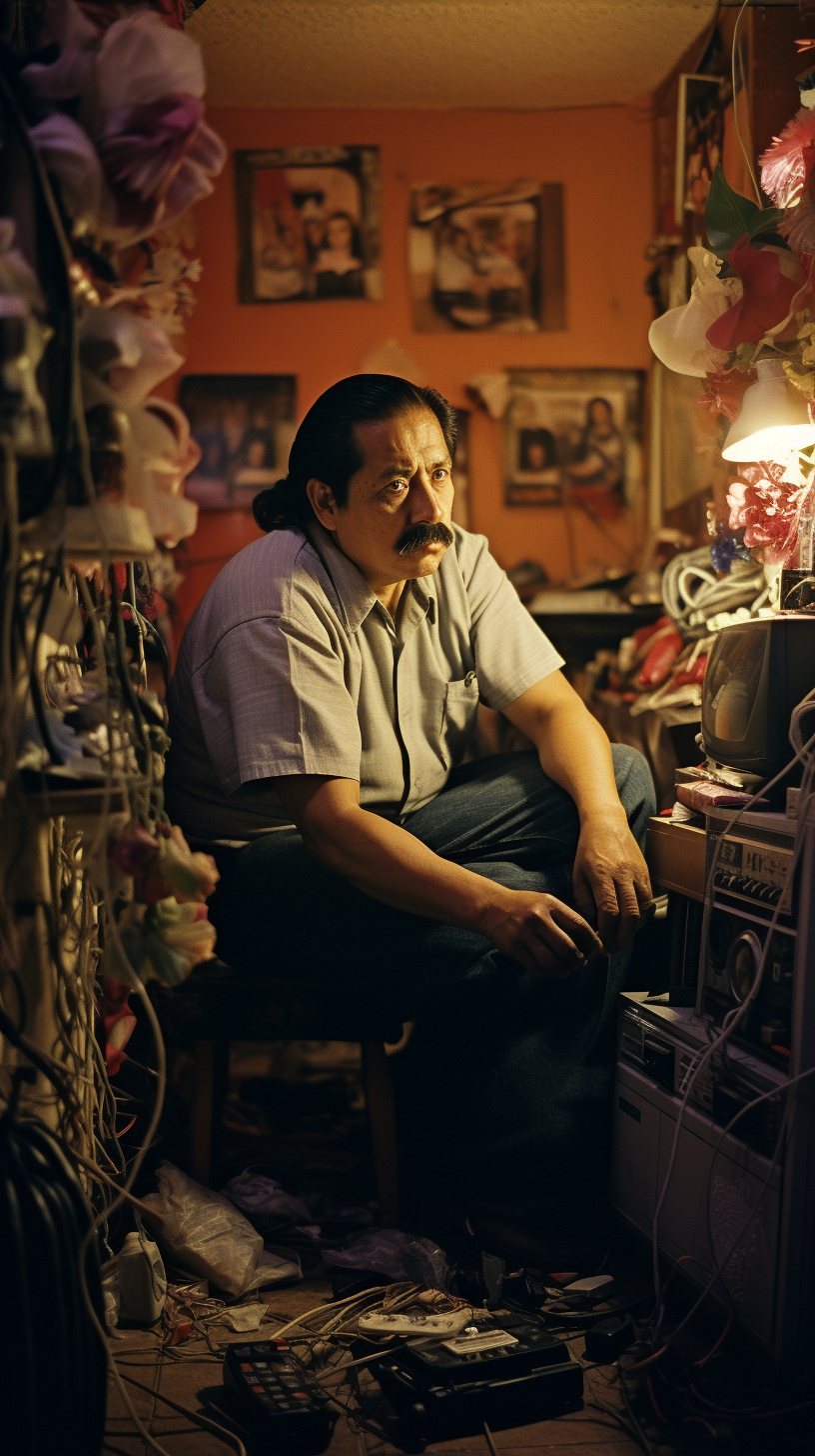 Latin dad fixing VCR TV on Día de muertos