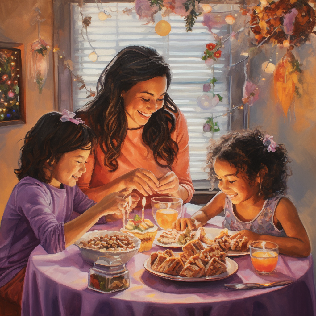 Whimsical Latina mom feeds family at holidays