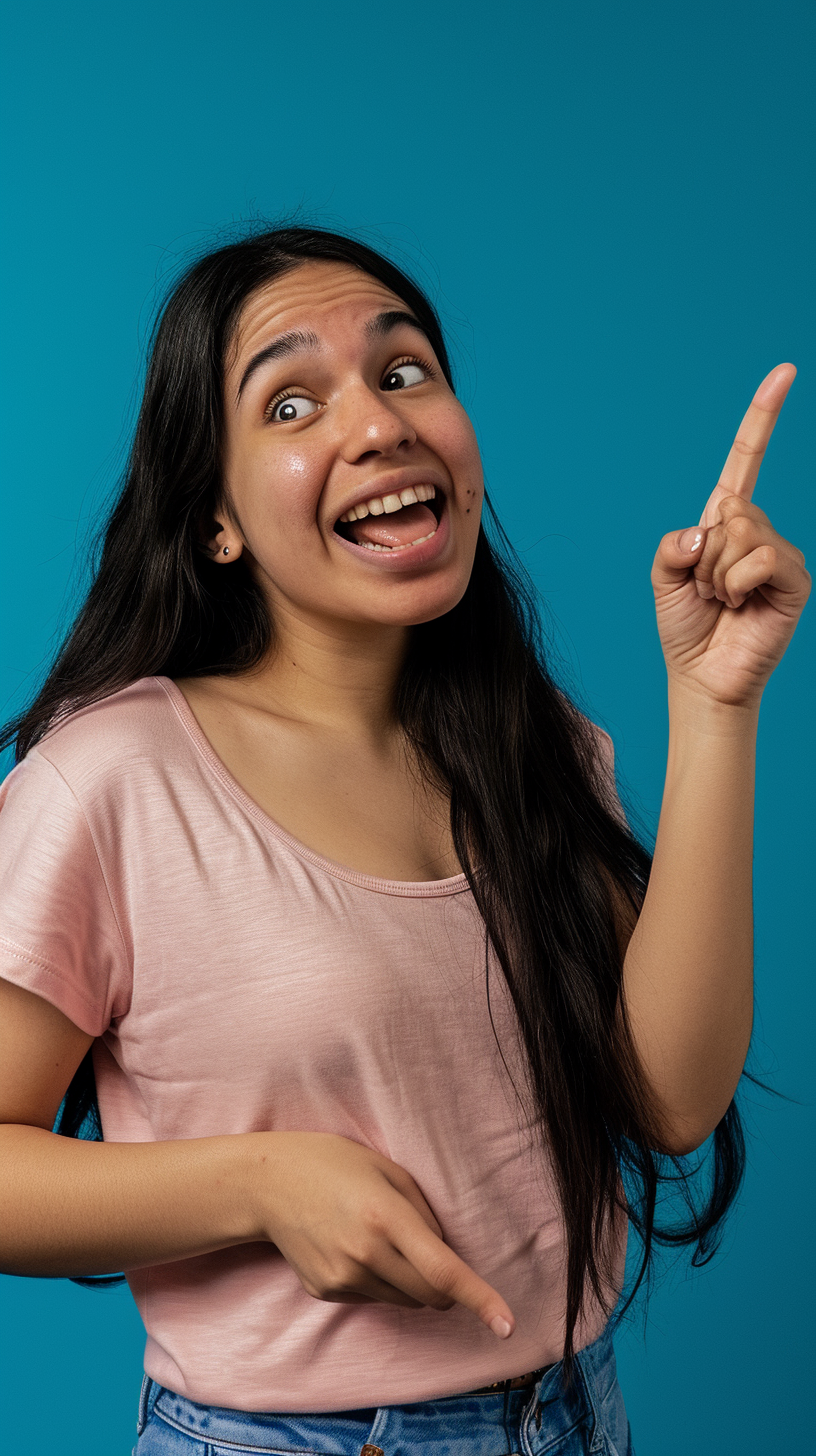 latina woman pointing right smiling