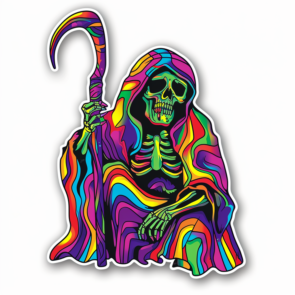 laughing grim reaper psychedelic colors sticker white background