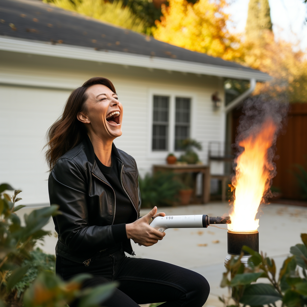 Woman laughing in suburban yard during fall