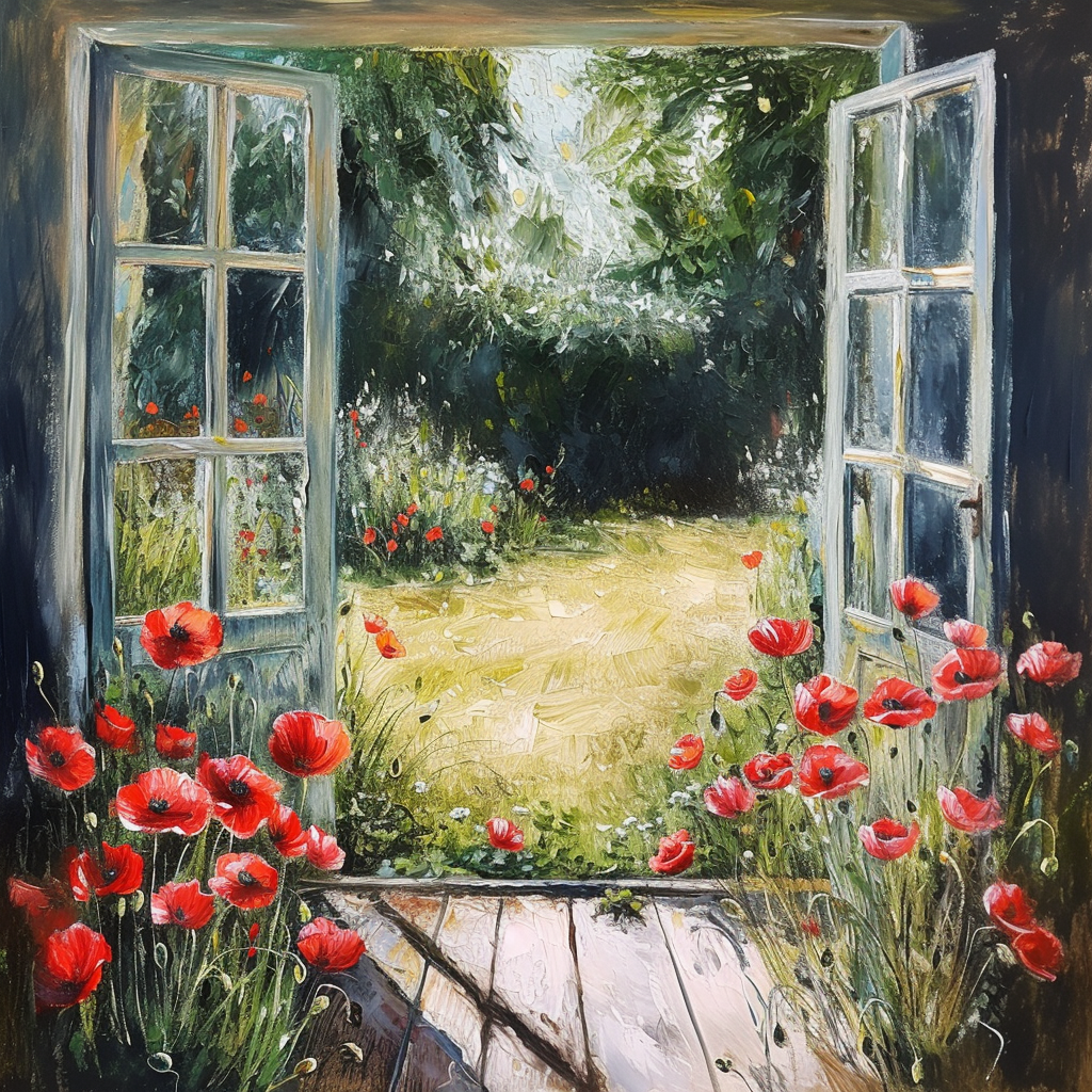 Red Poppies on Lawn Window