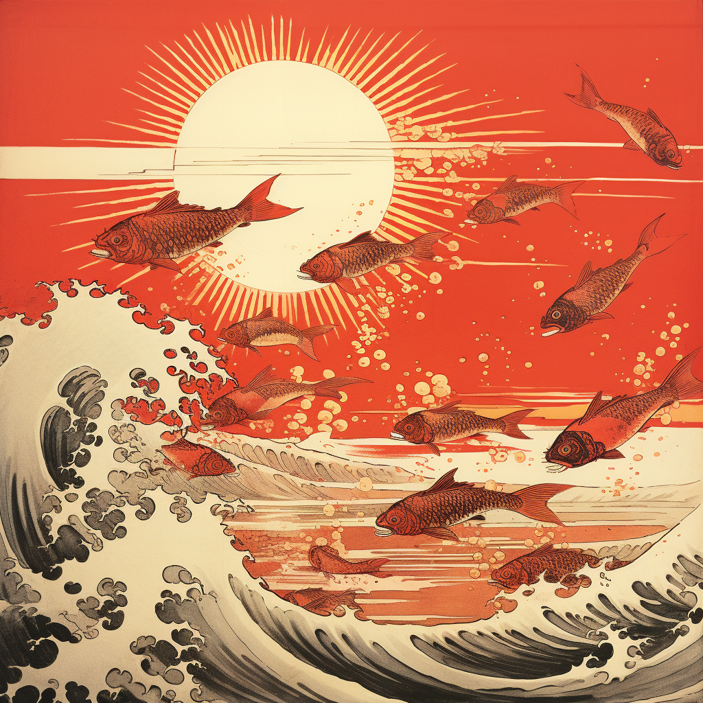 Fishes leaping out of water in Japanese art