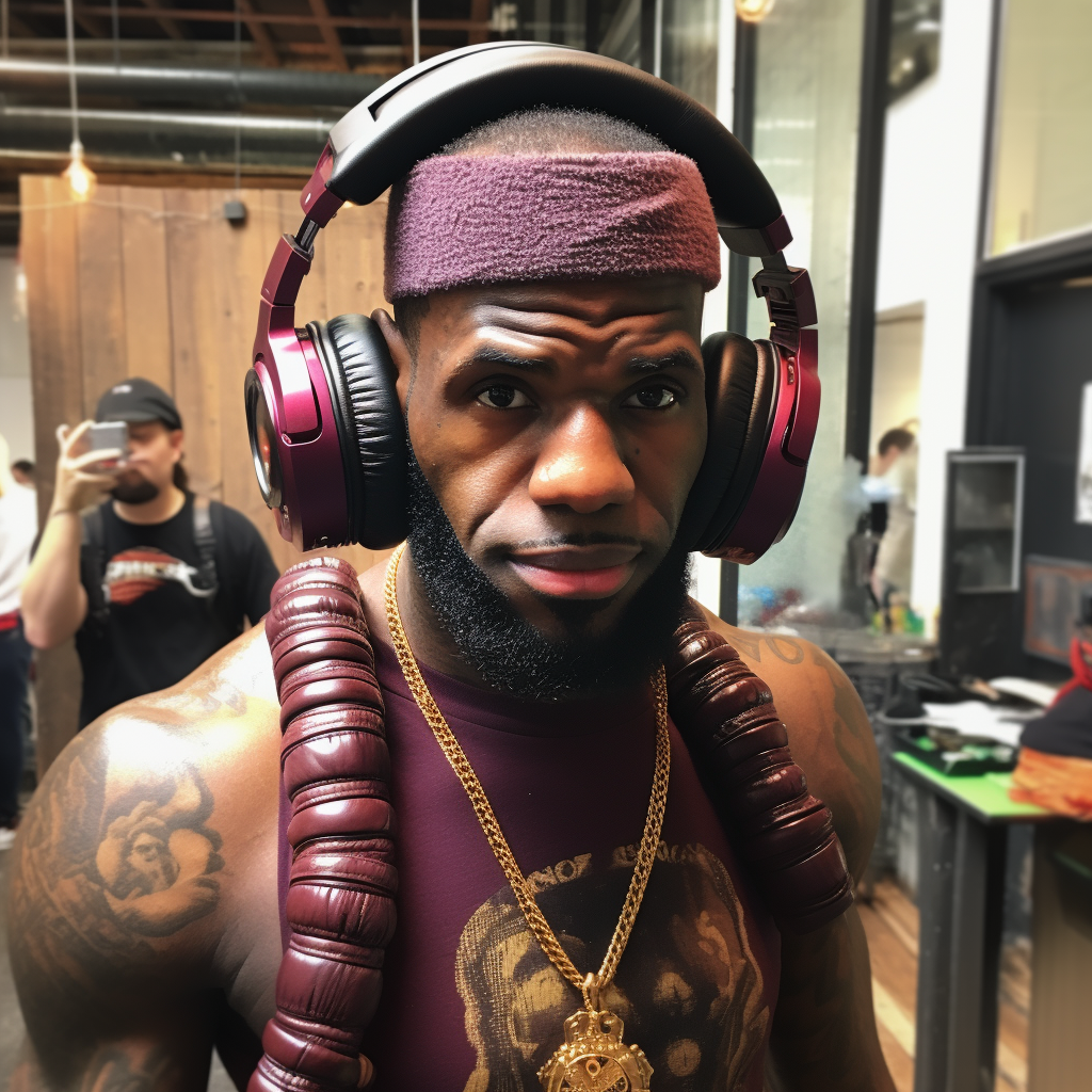 LeBron James lookalike wearing speaker outfit