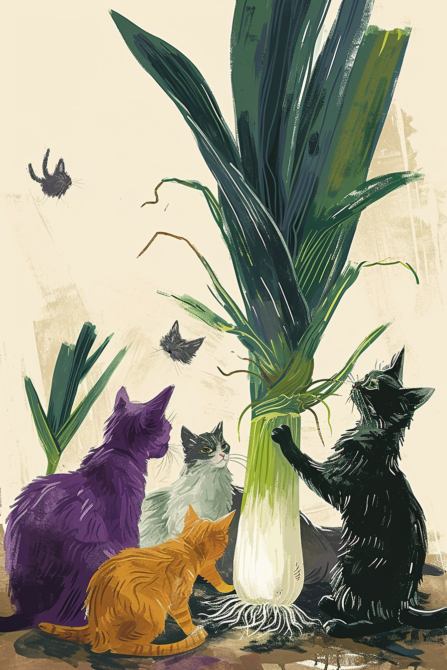 Colorful leek with playful cats