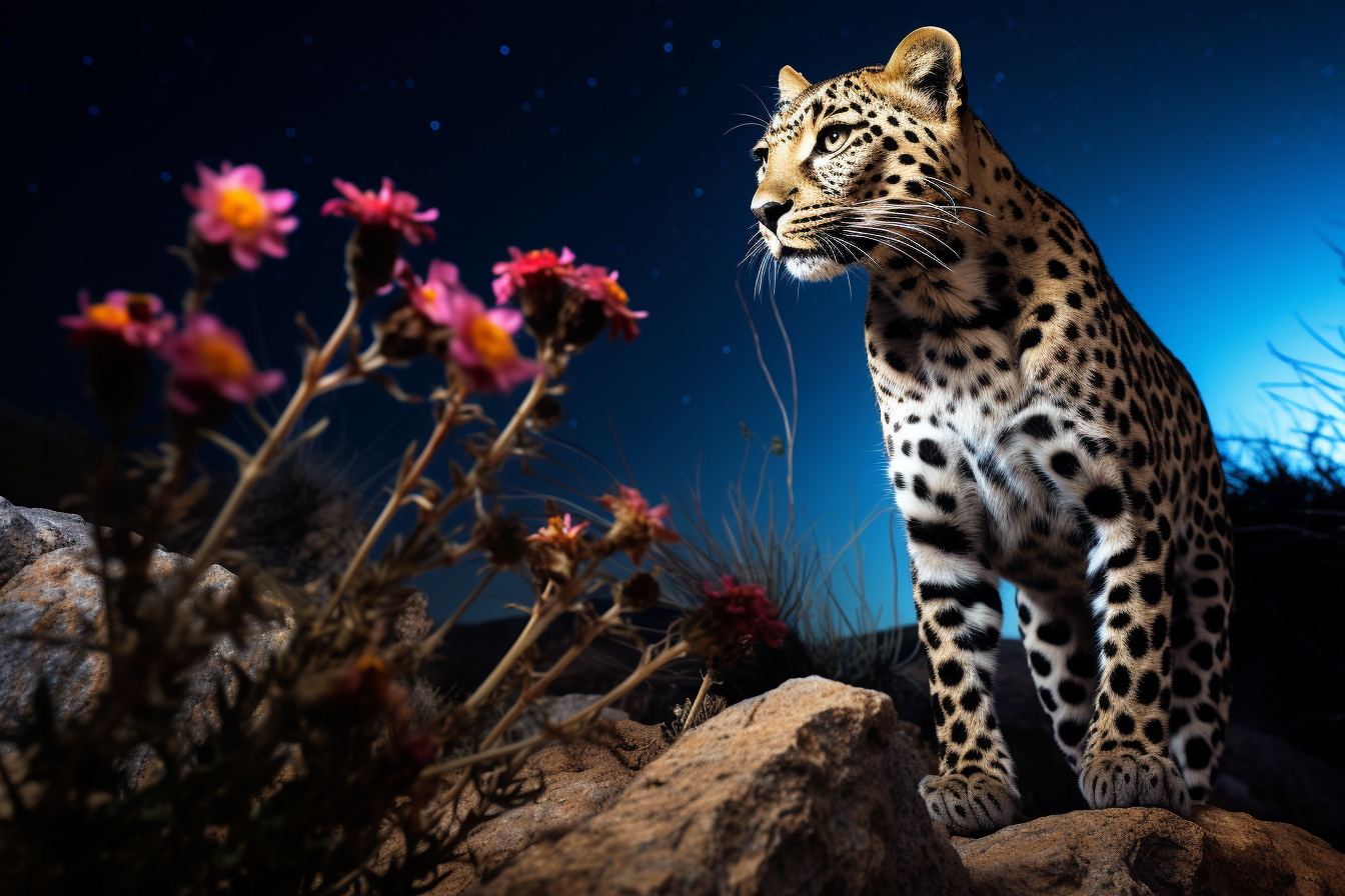 Beautiful Leopard Surrounded by Blue Flowers