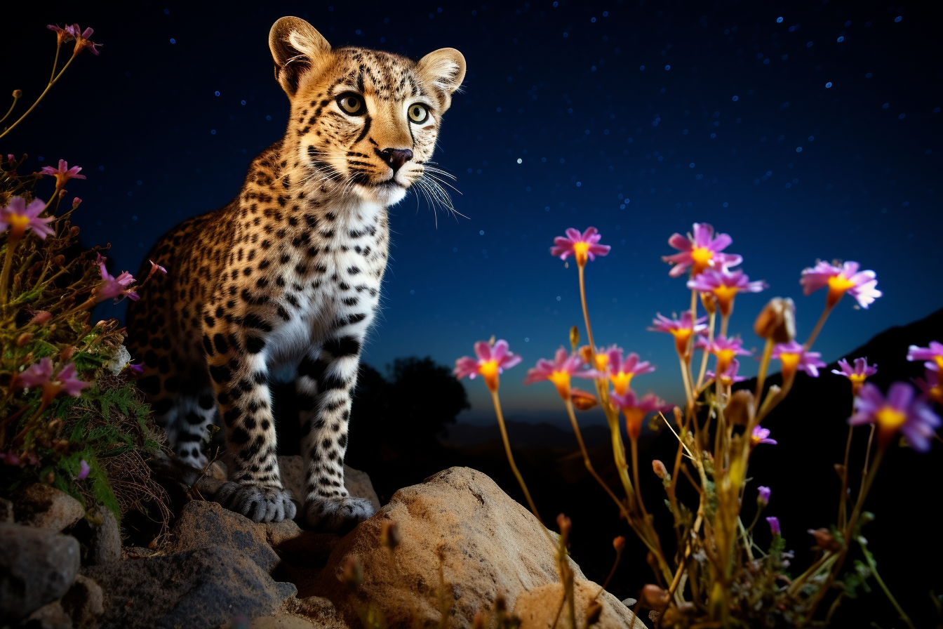 Leopard standing on rocky hill with blue flowers