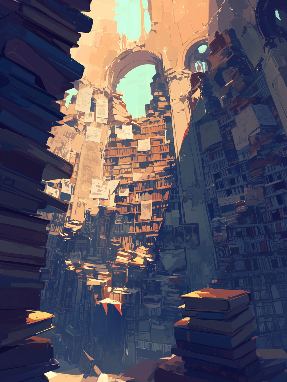 Library with piles of books