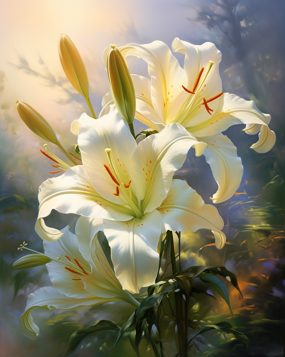 Elegant white lilies under golden sunlight