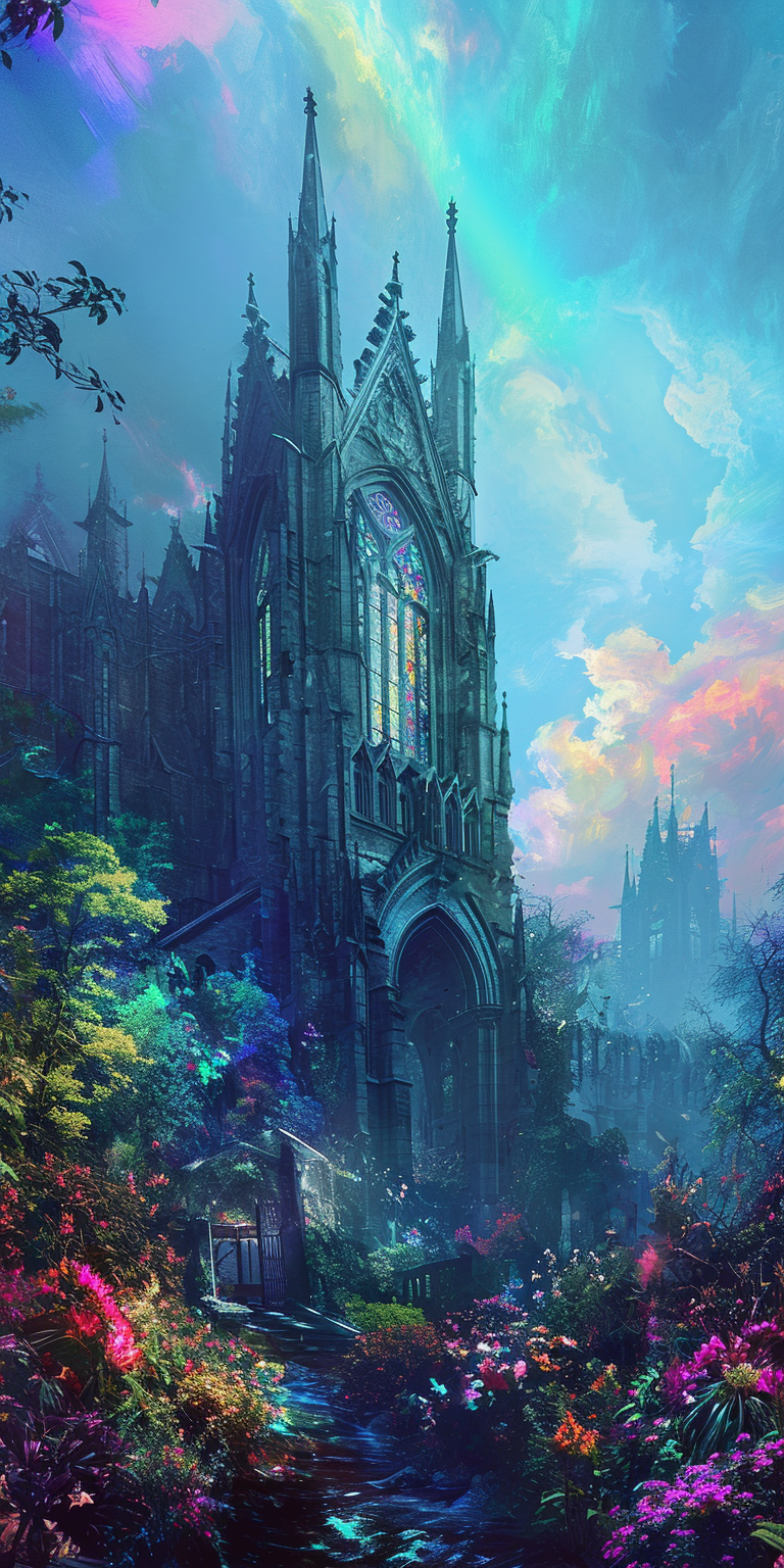 Vibrant and Surreal Gothic Revival Rainbow Poolcore Image