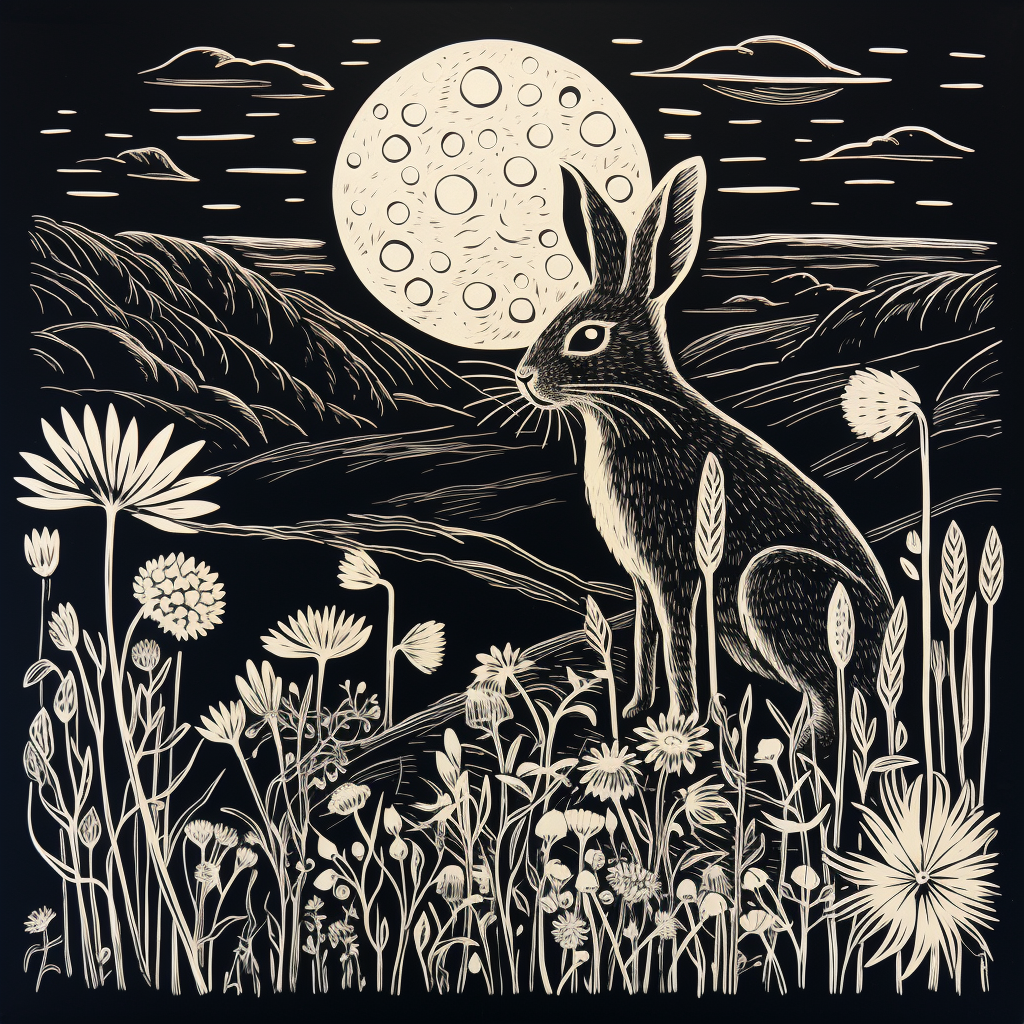 Beautiful linocut print of a jackrabbit