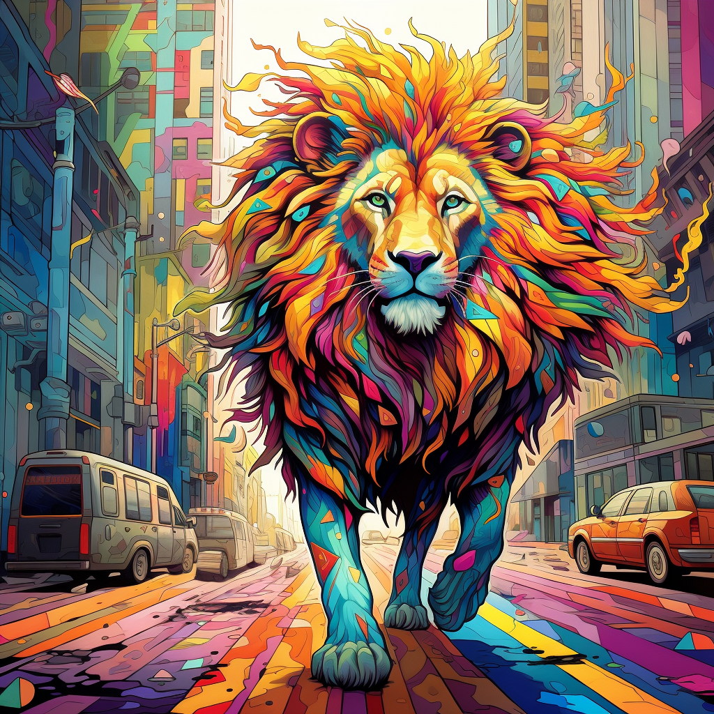 Cartoon lion walking through colorful city