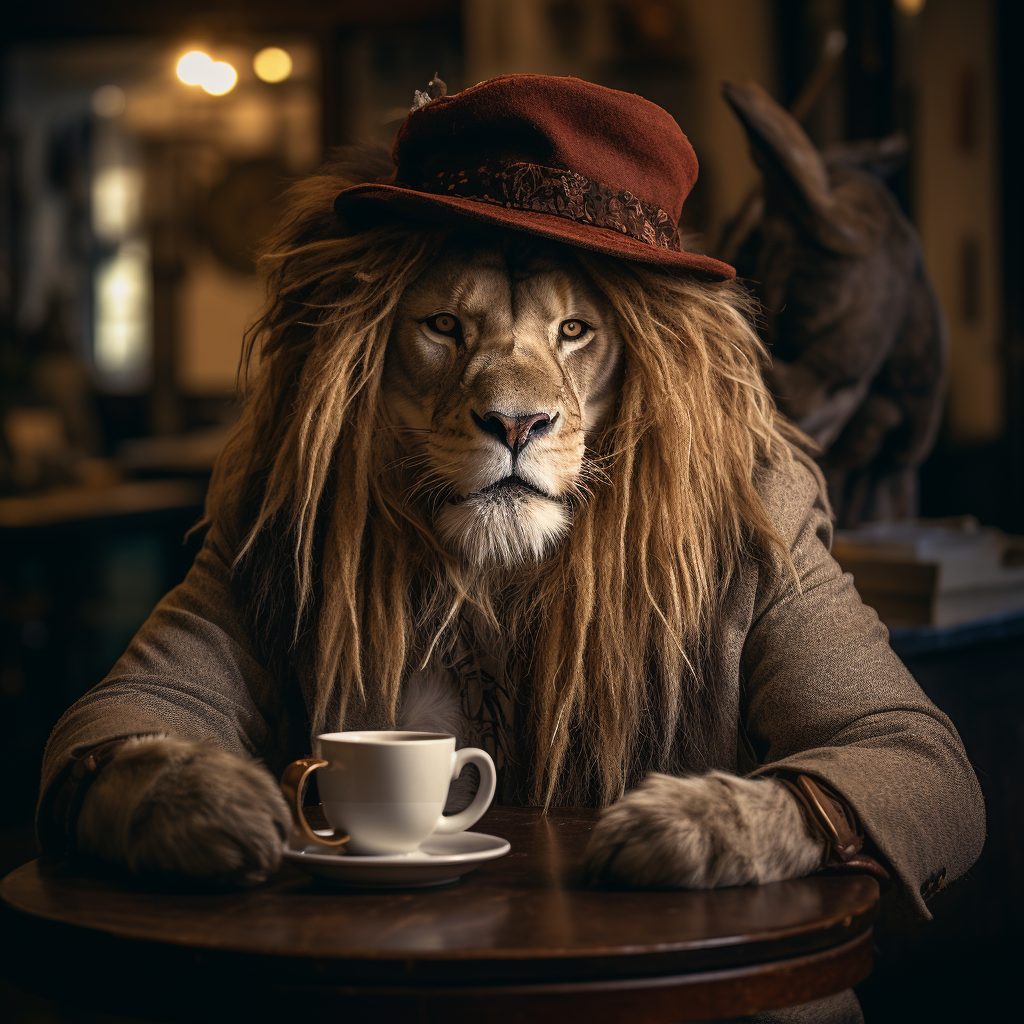 Lion with Hat Drinking Coffee